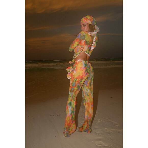 BANANHOT Pants - Bananhot Pants XS Lily Sunrise Chiffon Tie Waist Flare Multi Beach Resort Pool